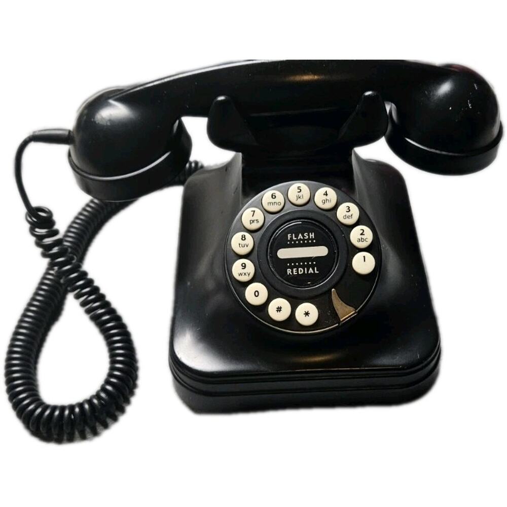 VTG Grand Telephone Retro Push Button Black Flash Redial Manual Dial
